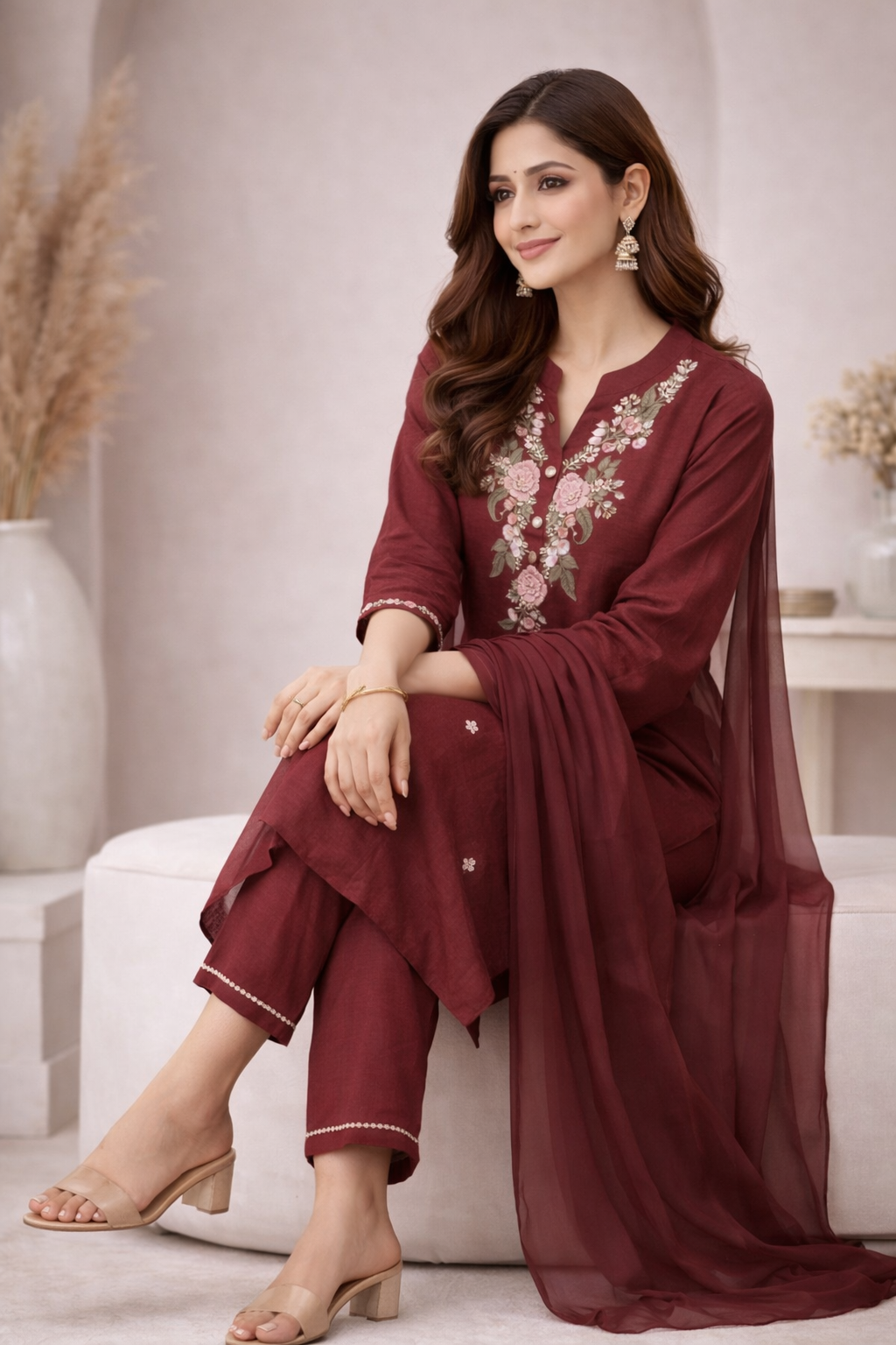 Maroon Floral Embroidered Kurta Pant Set with Dupatta