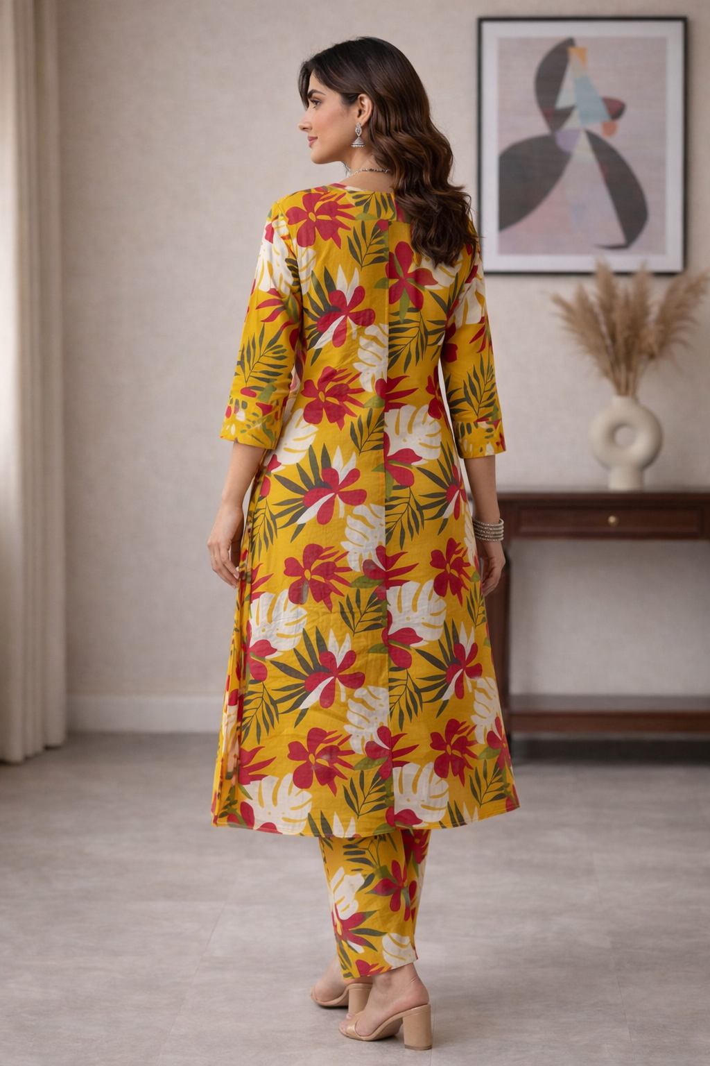 Radiant Yellow Cotton A-Line Co-ord Set with Side Floral Embroidery