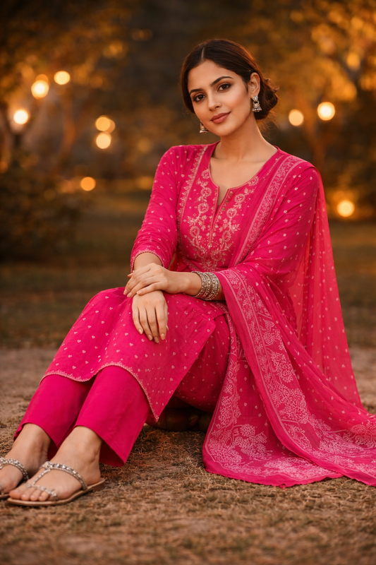 Rani Pink Embroidered Kurta Set with Elegant Dupatta