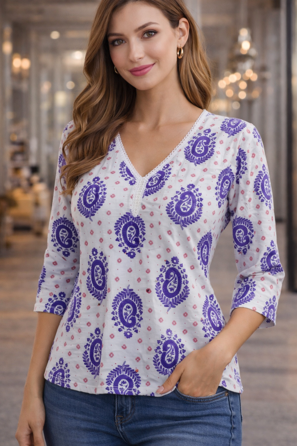 Women’s Printed Cotton Tunic Top – V-Neck, 3/4 Sleeve (White & Royal Purple)