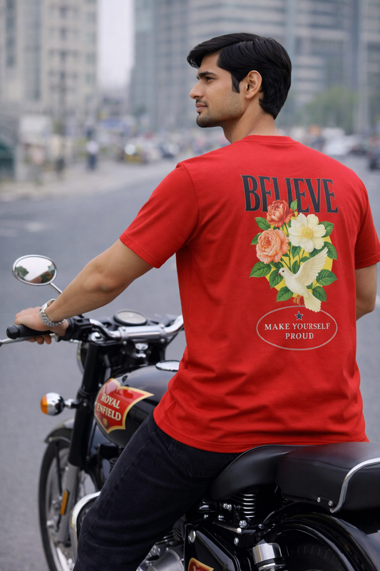 Believe Floral Graphic T-Shirt – Motivational Back Print (Red)