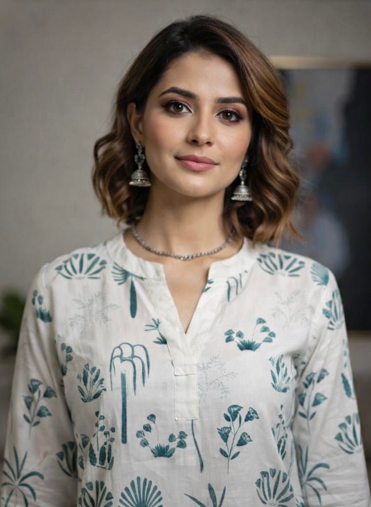 Ivory Teal Botanical Print Straight Kurta Set