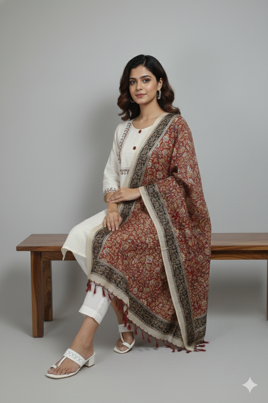 Ivory Rust Printed Kurta Set with Traditional Dupatta