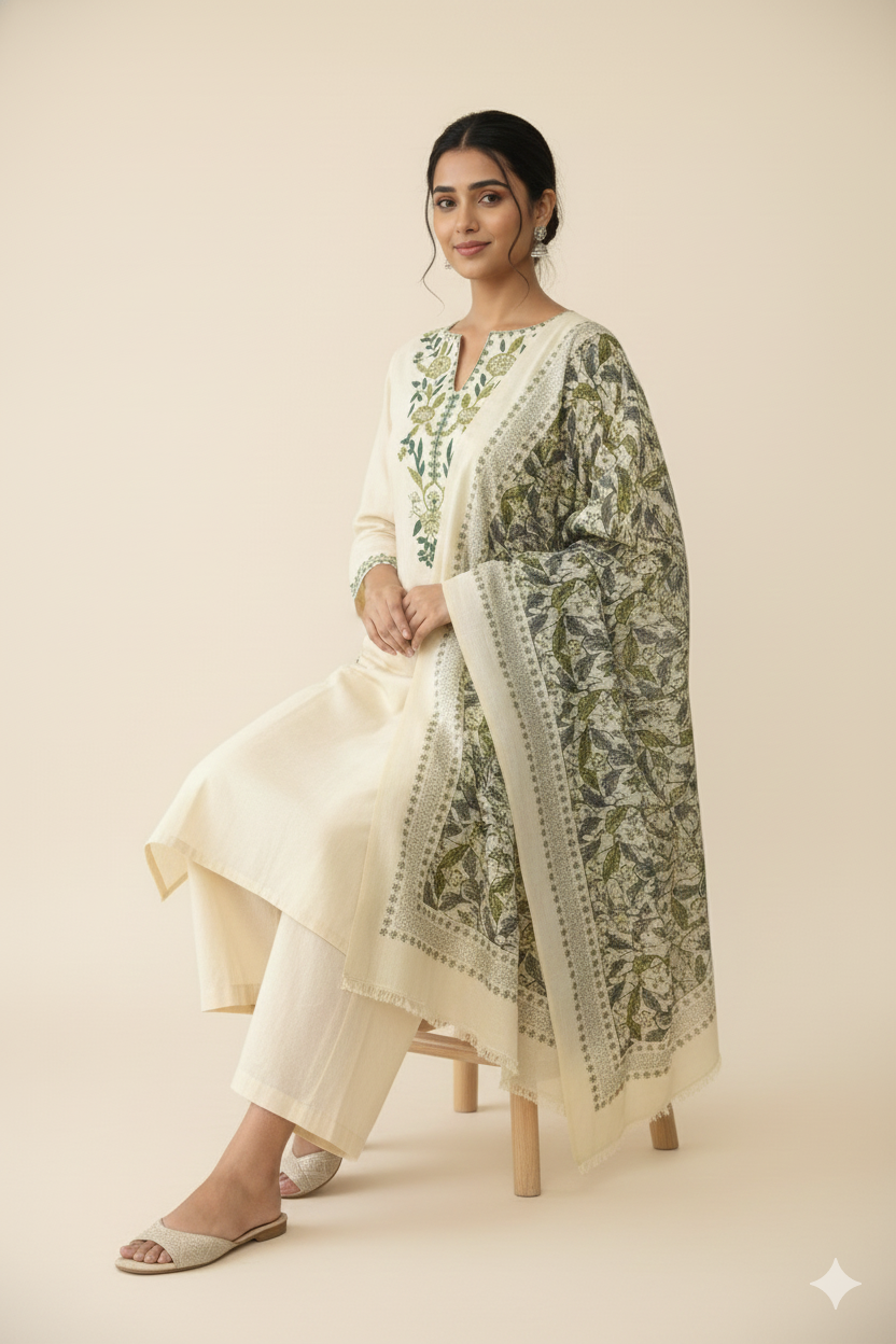 Ivory Green Floral Embroidered Kurta Set with Printed Dupatta