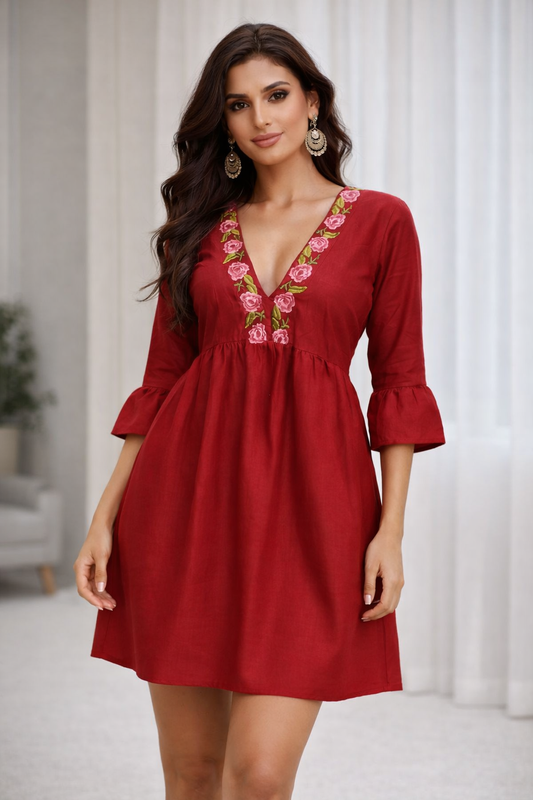 Wine Red Embroidered Empire Waist A-Line Dress with Bell Sleeves