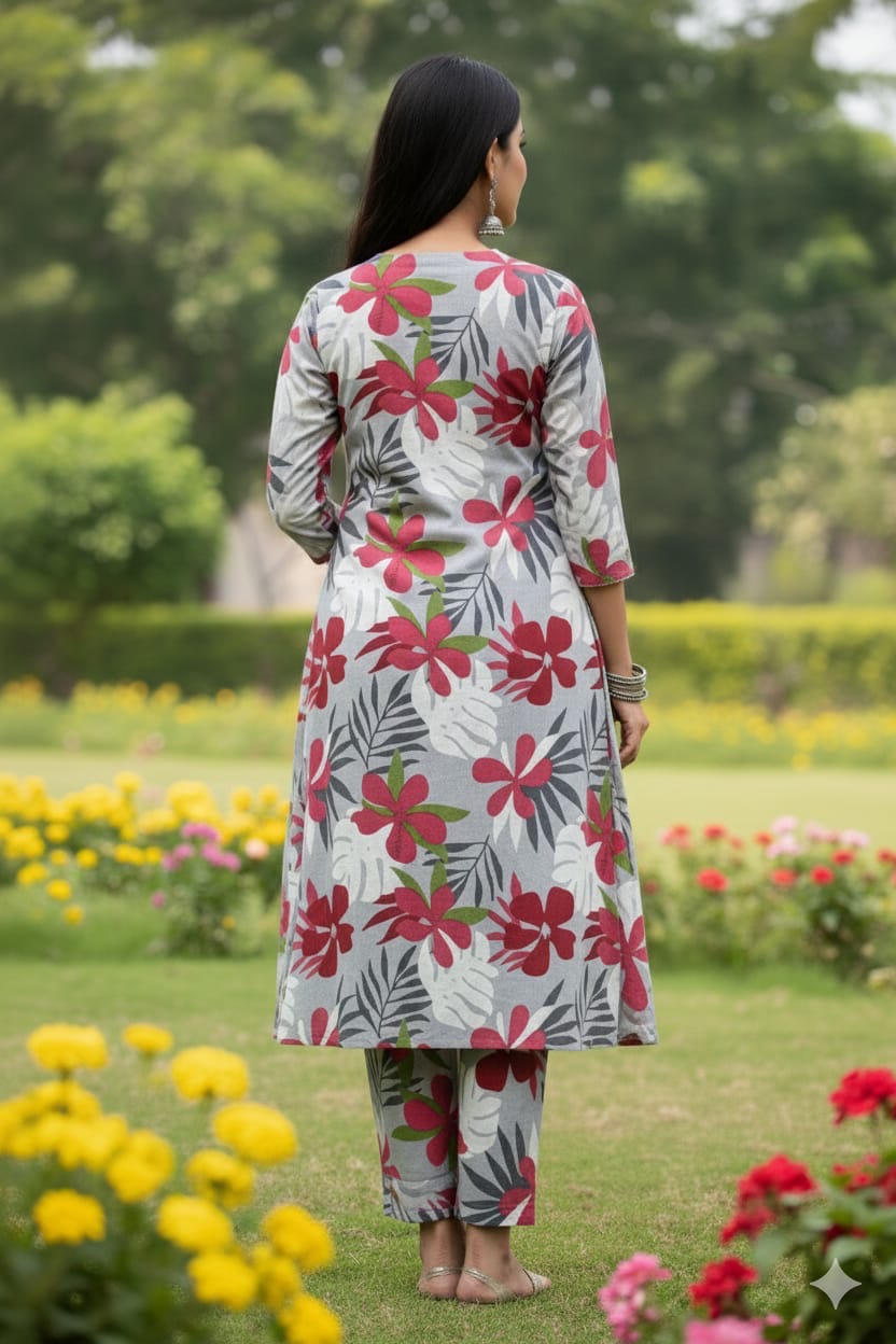 Grey Floral Printed Kurta Co-Ord Set