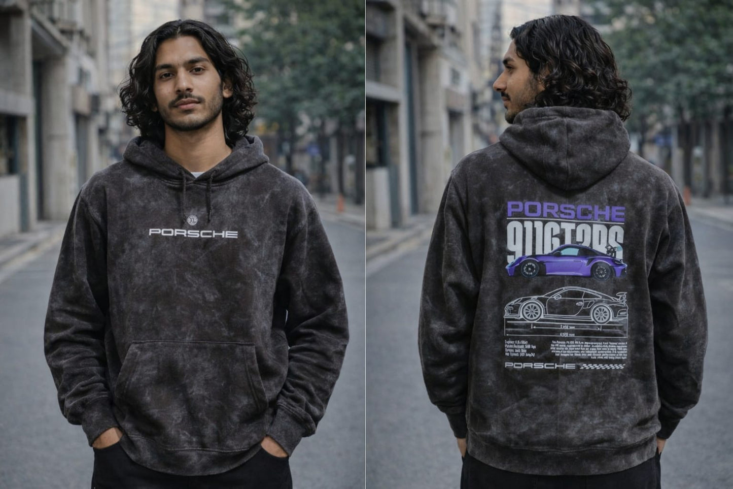 Men’s Charcoal Black Acid Wash Oversized Hoodie – Porsche Graphic Print