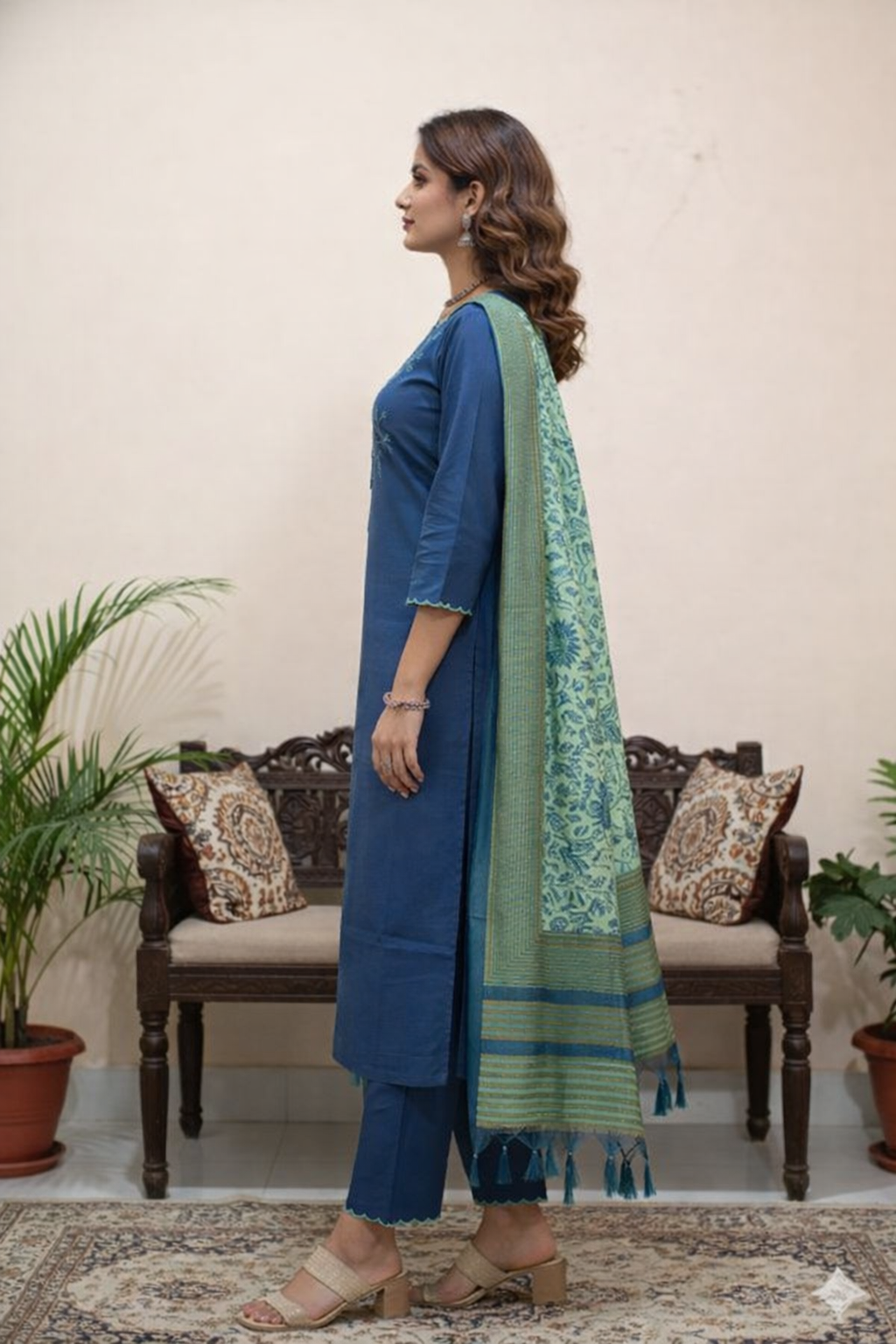 Teal Bloom Embroidered Kurta Set with Printed Dupatta