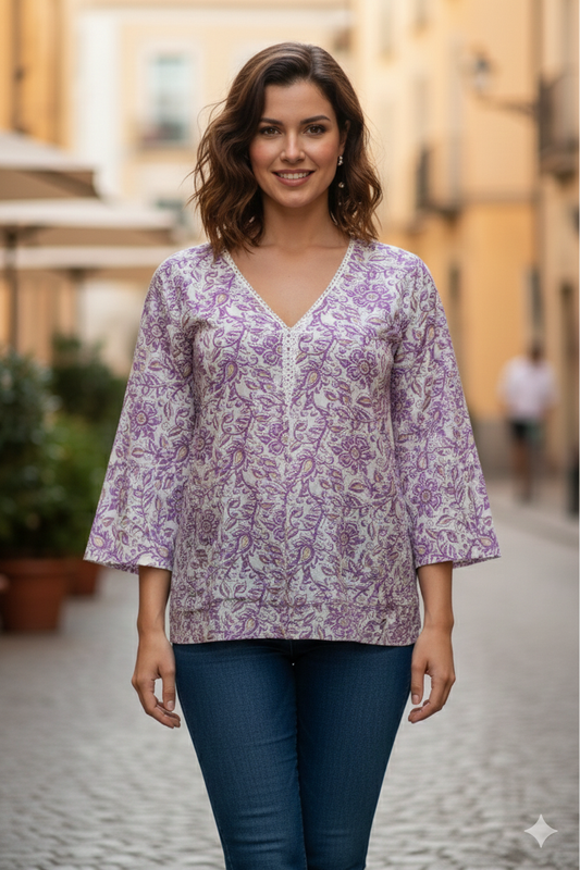 Lavender Bloom Printed V-Neck Tunic Top