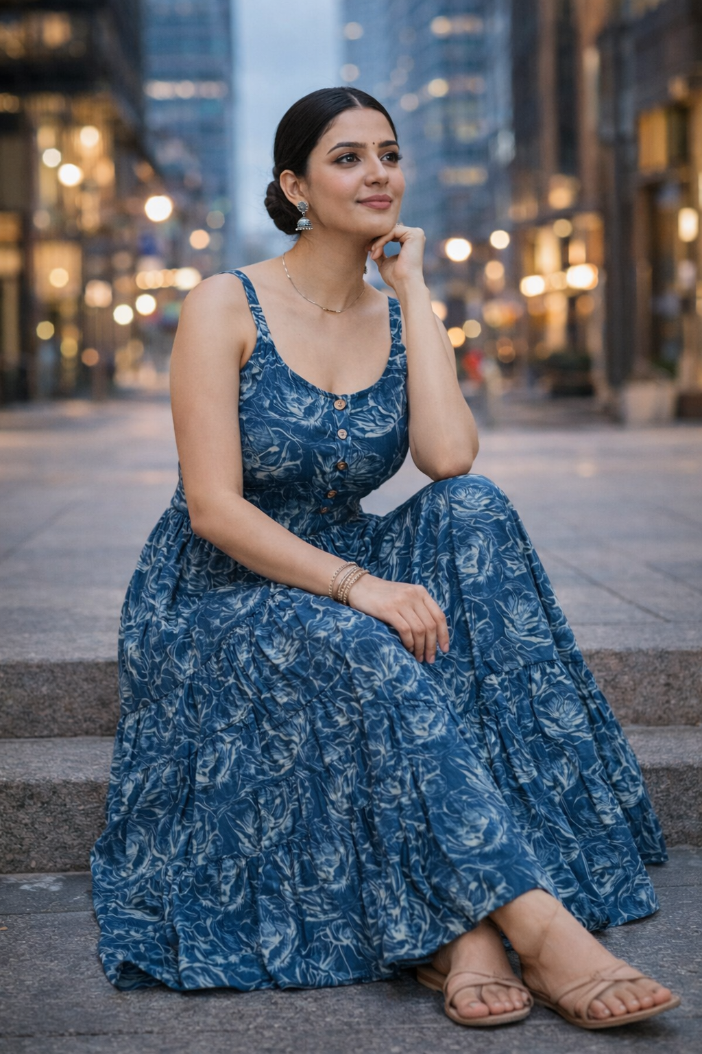 Indigo Bloom Printed Tiered Maxi Dress