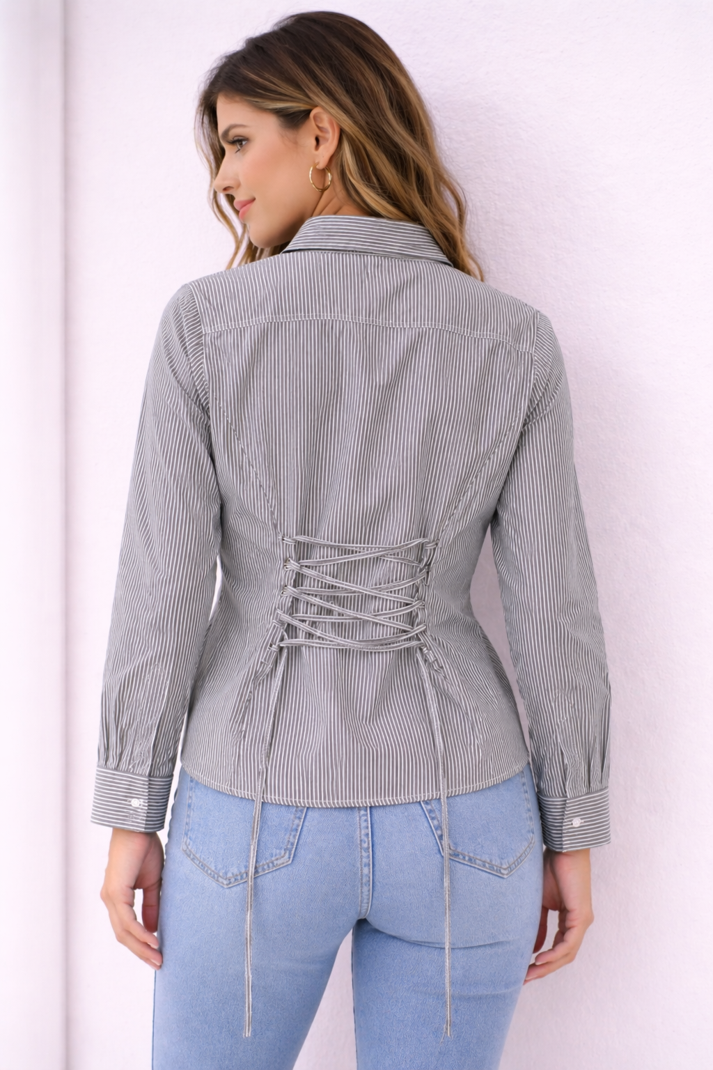Women Grey Striped Corset Back Shirt