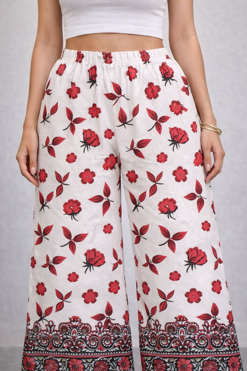 Women’s Red Floral Printed Straight-Fit Casual Trousers