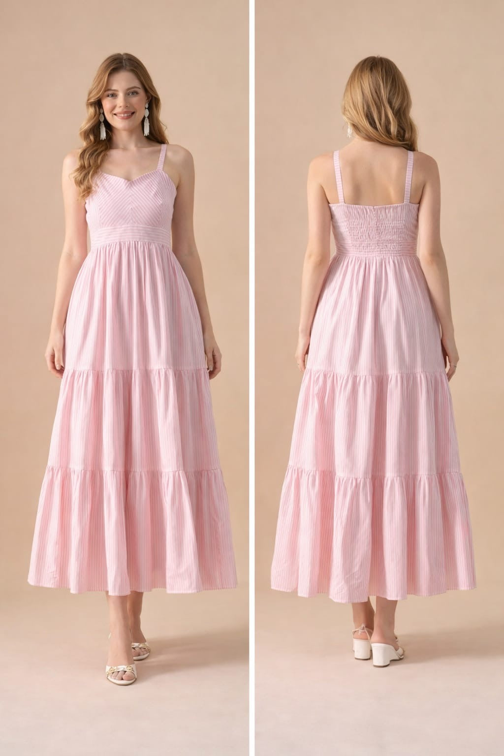 Blush Pink Striped Tiered Maxi Dress with Spaghetti Straps