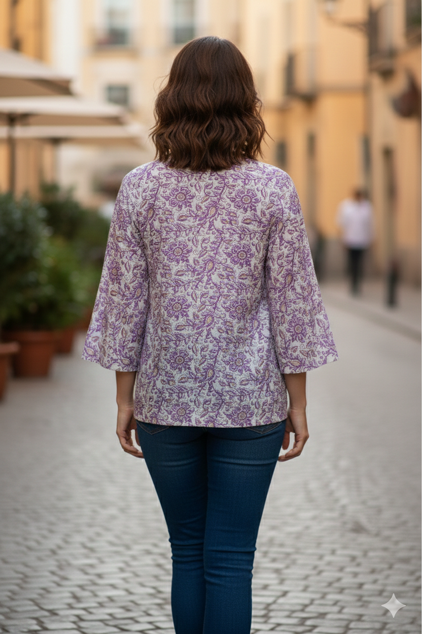 Lavender Bloom Printed V-Neck Tunic Top