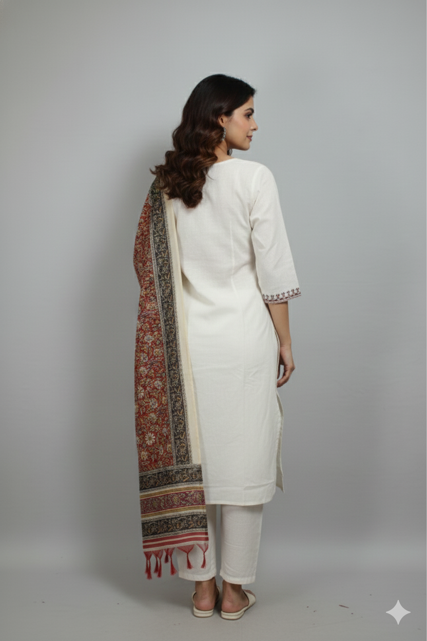 Ivory Rust Printed Kurta Set with Traditional Dupatta