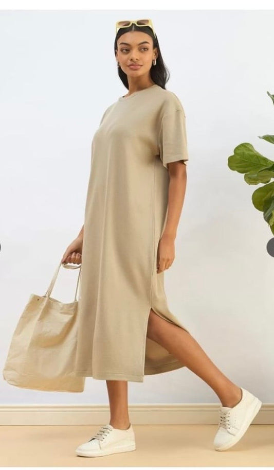 Beige Oversized Midi T-Shirt Dress