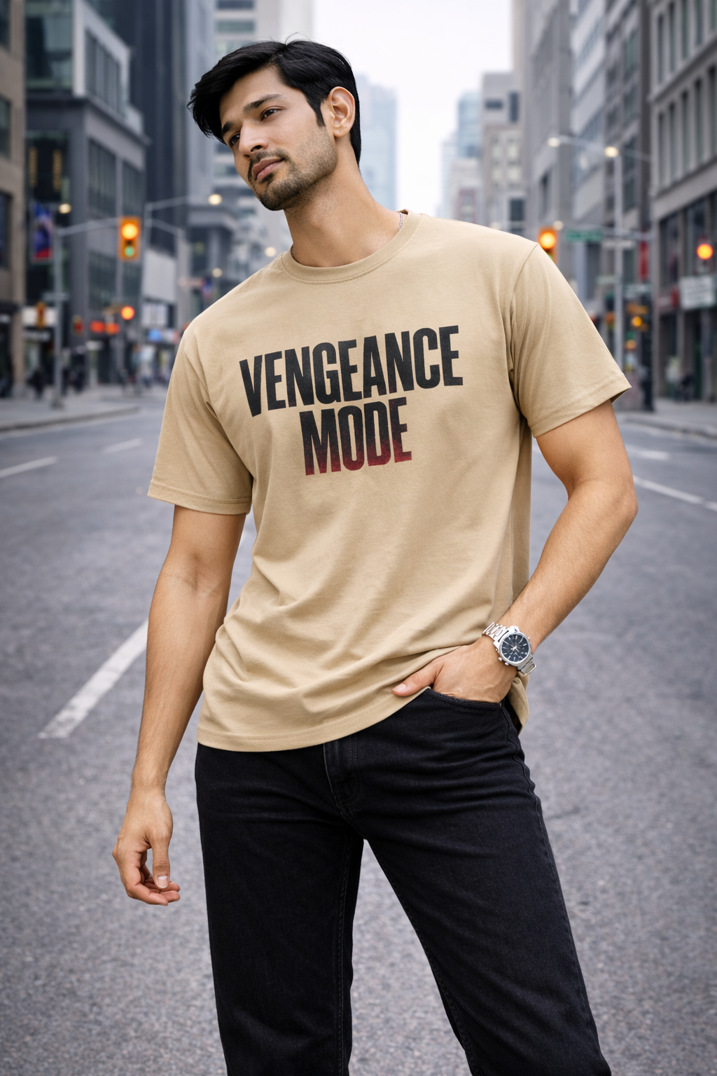 Vengeance Mode Typography T-Shirt – Bold Chest Print (Beige/Tan)