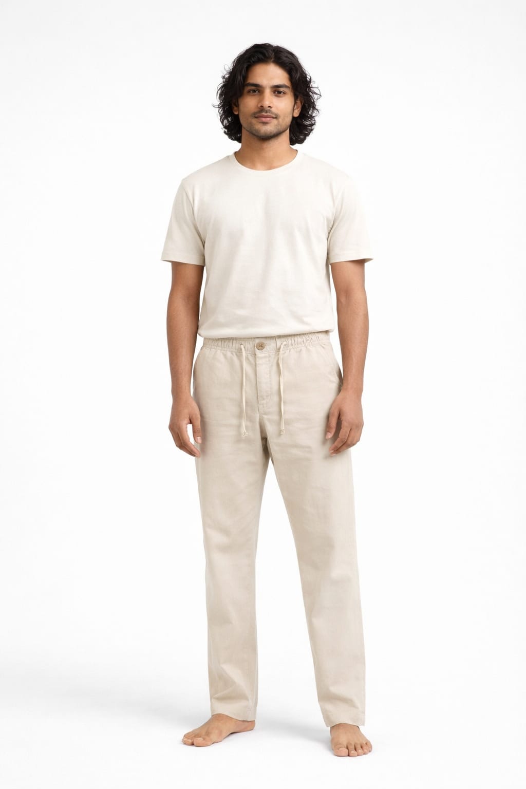 Men’s Linen Cotton Relaxed Fit Pants with Elastic Waist & Drawstring – Sand Beige