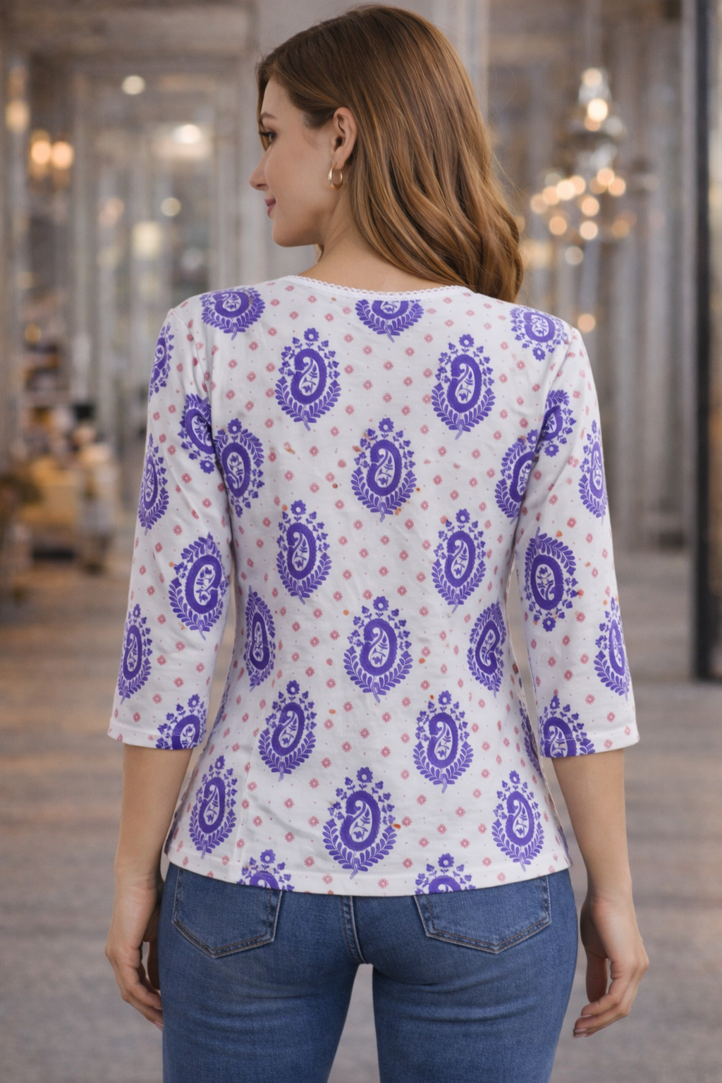Women’s Printed Cotton Tunic Top – V-Neck, 3/4 Sleeve (White & Royal Purple)
