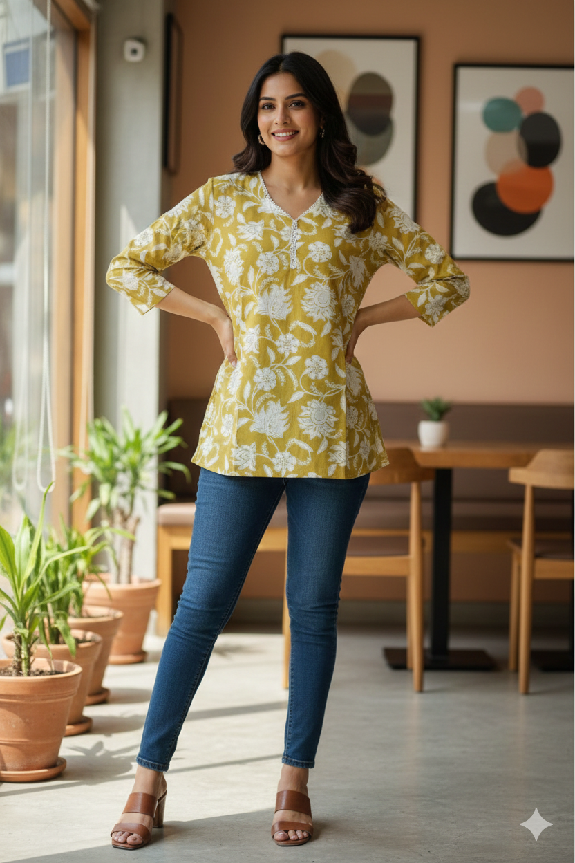 Women’s Floral Printed Cotton Tunic Top – V-Neck, 3/4 Sleeve (Mustard Yellow)