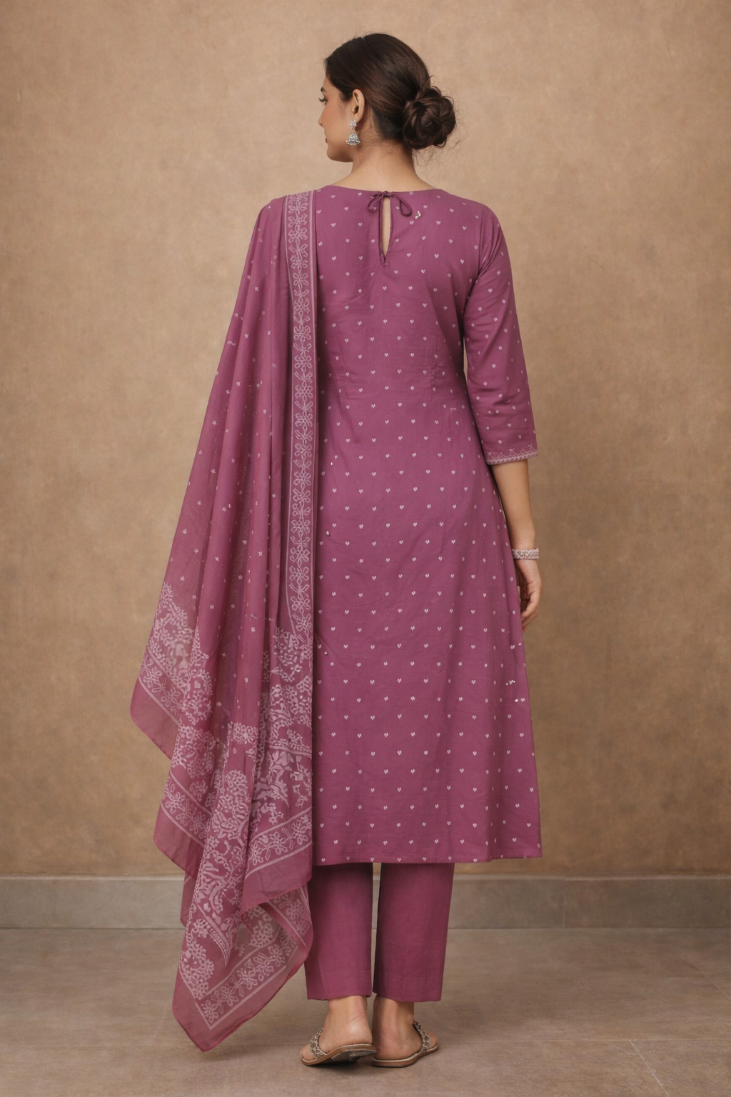 Plum Rose Embroidered Anarkali Kurta Set with Printed Dupatta