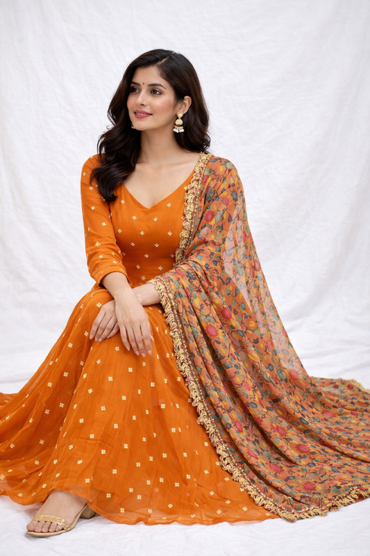 Amber Marigold Embellished Anarkali Suit Set with Floral Printed Dupatta