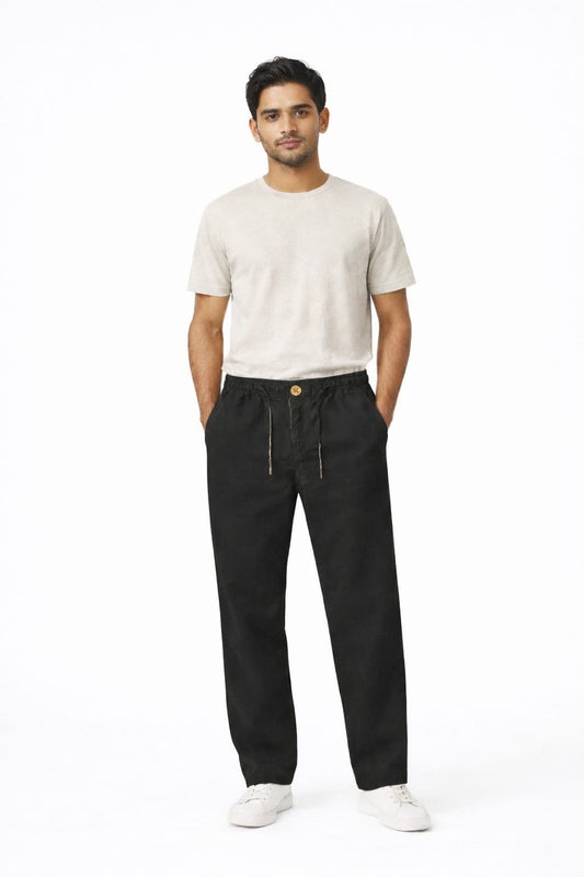 Men’s Linen Cotton Relaxed Fit Pants with Elastic Waist & Drawstring – Black