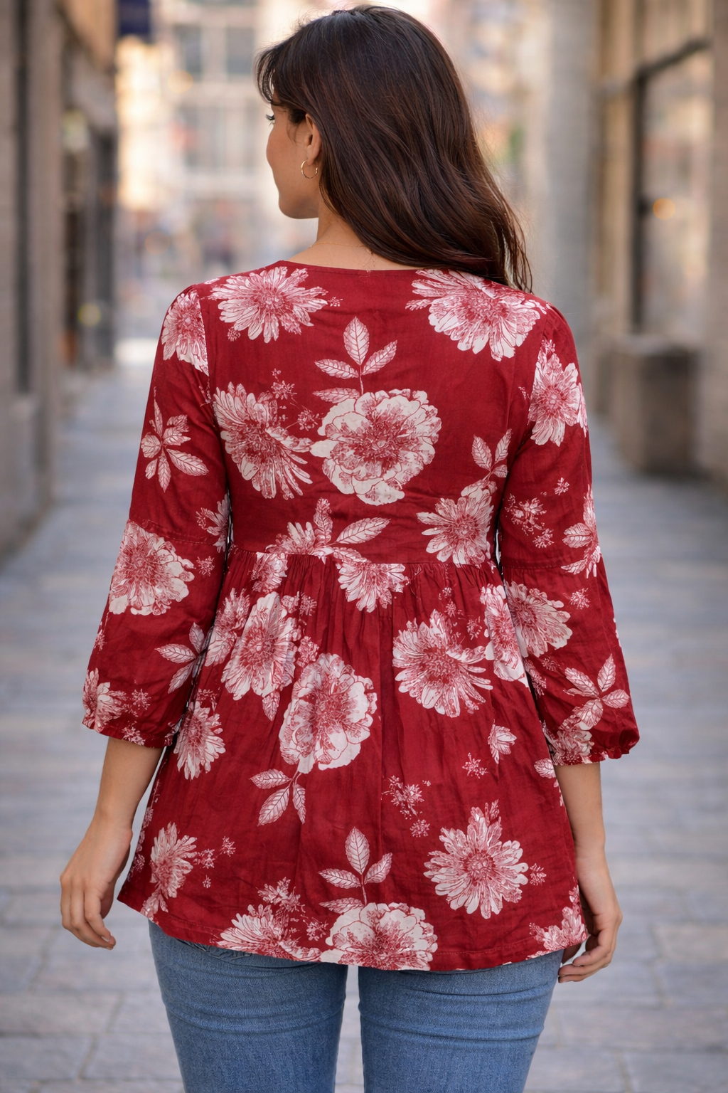 Women’s Floral Printed Cotton Tunic Top – V-Neck, 3/4 Sleeve (Wine Red)