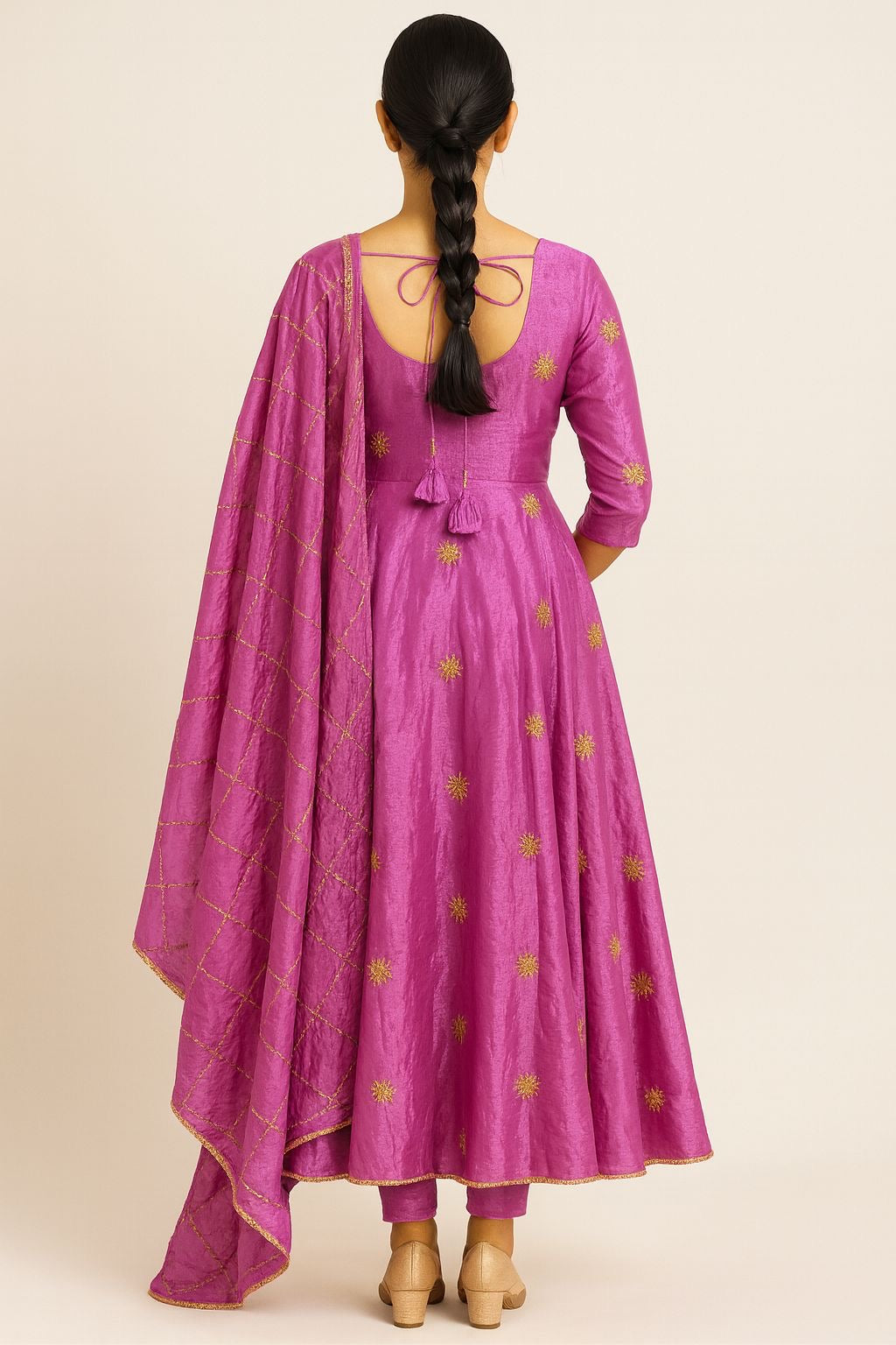 Magenta Chanderi Silk Anarkali Suit Set with Zari Motifs & Dupatta