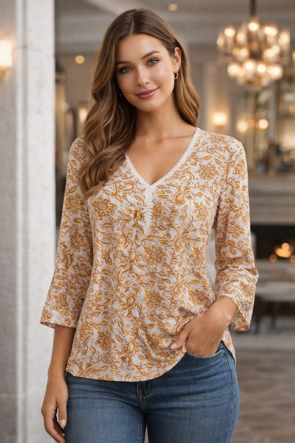 Women’s Printed Cotton Tunic Top – V-Neck, 3/4 Sleeve (White & Mustard Ochre)