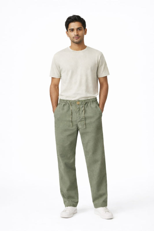 Men’s Linen Cotton Relaxed Fit Pants with Elastic Waist & Drawstring – Olive Green