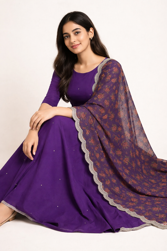 Royal Plum Anarkali Kurta Set with Printed Dupatta