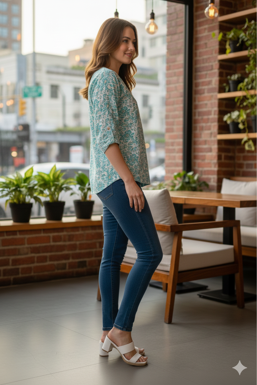 Teal Floral Printed V-Neck Lace Detail Cotton Kurti Top