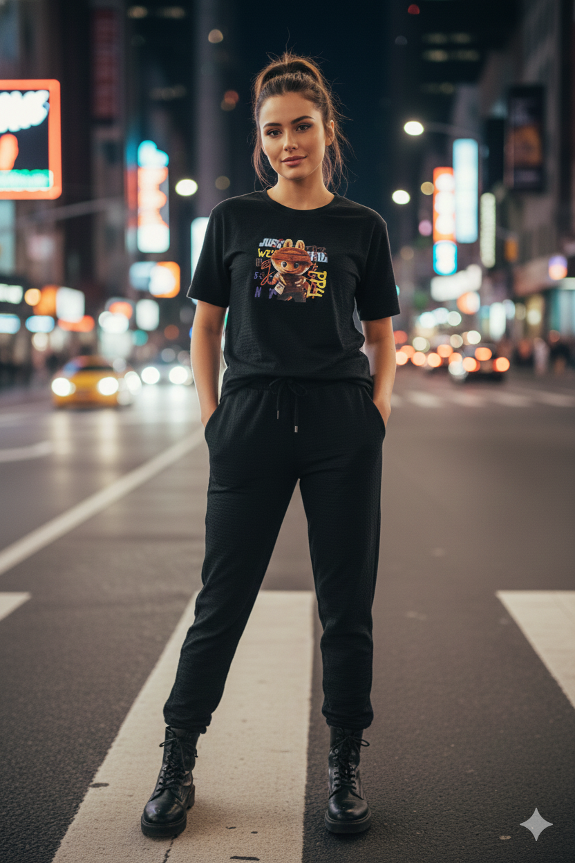 Women’s Black Graphic Lounge Set with T-Shirt & Jogger Pants