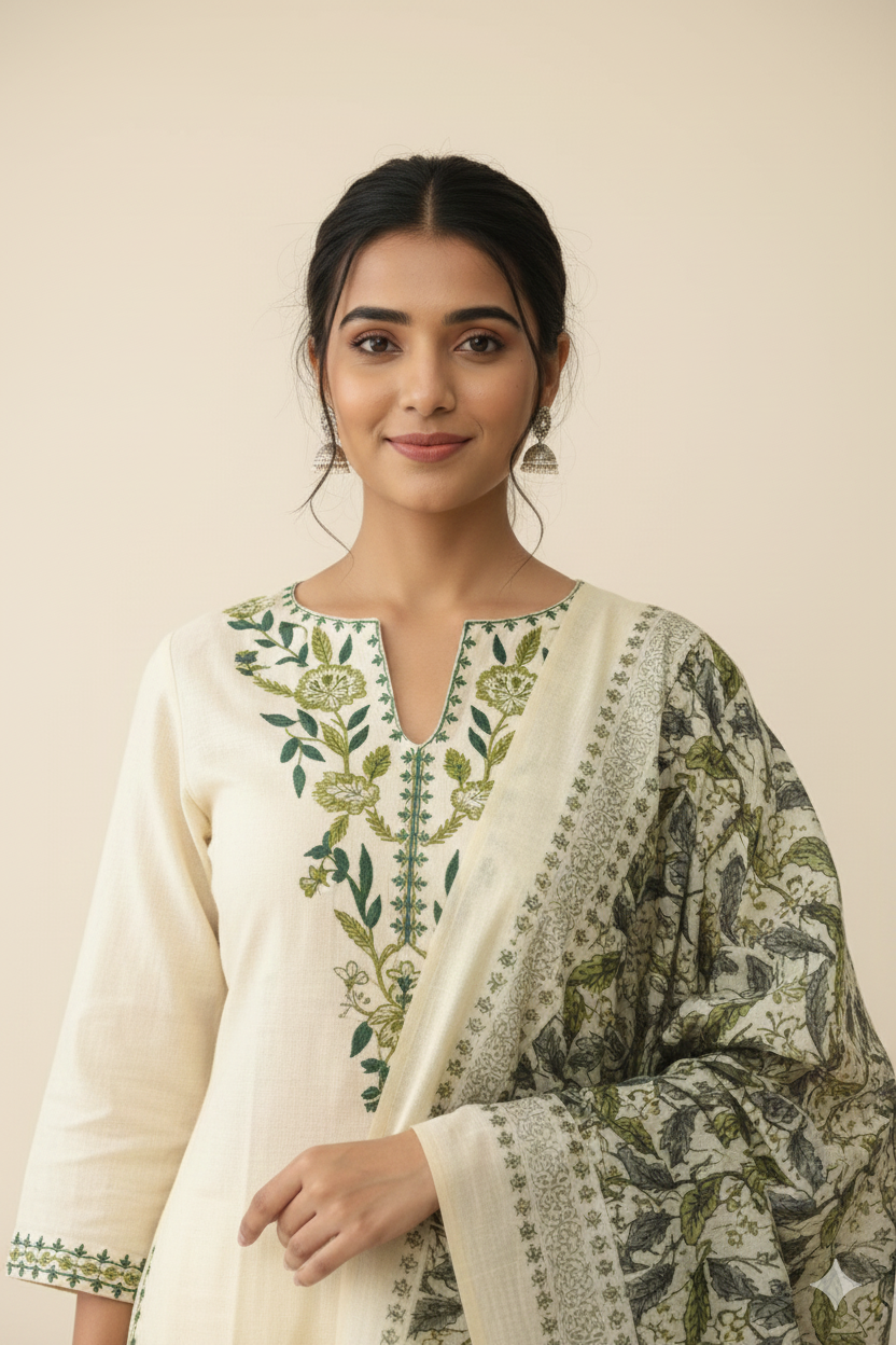 Ivory Green Floral Embroidered Kurta Set with Printed Dupatta