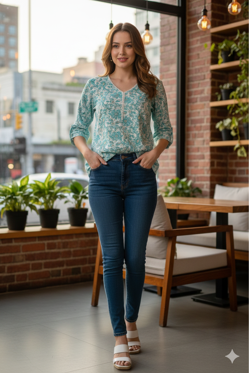 Teal Floral Printed V-Neck Lace Detail Cotton Kurti Top