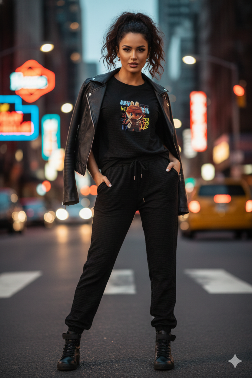 Women’s Black Graphic Lounge Set with T-Shirt & Jogger Pants