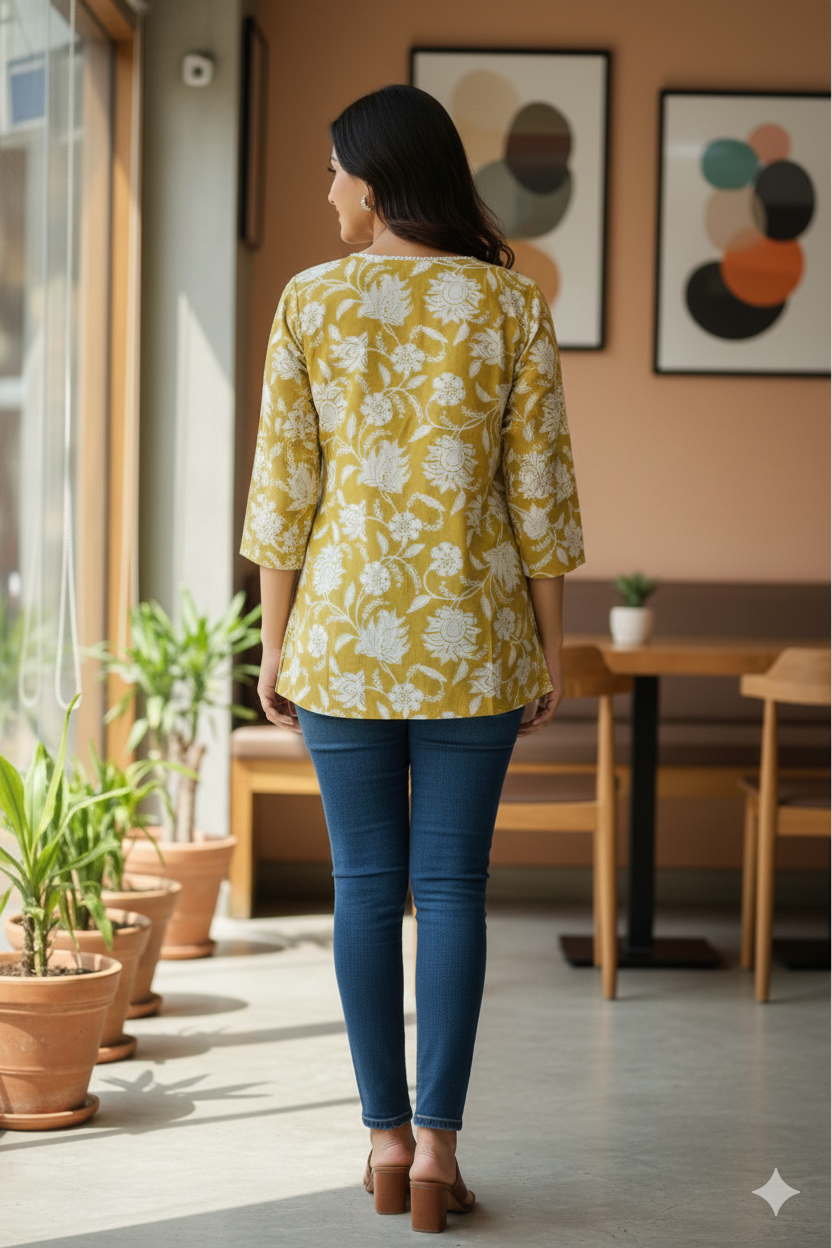 Women’s Floral Printed Cotton Tunic Top – V-Neck, 3/4 Sleeve (Mustard Yellow)