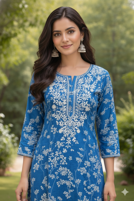Azure Blue Floral Embroidered Kurta Set