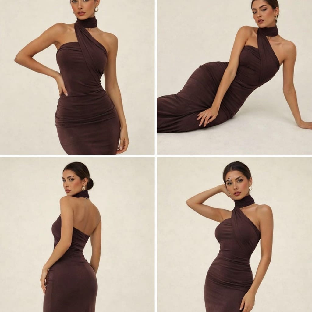 Wine Elegance Halter Neck Ruched Bodycon Gown