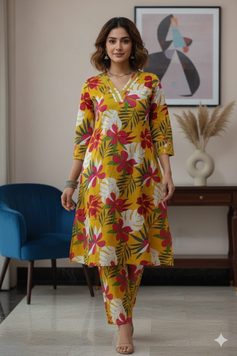 Radiant Yellow Cotton A-Line Co-ord Set with Side Floral Embroidery