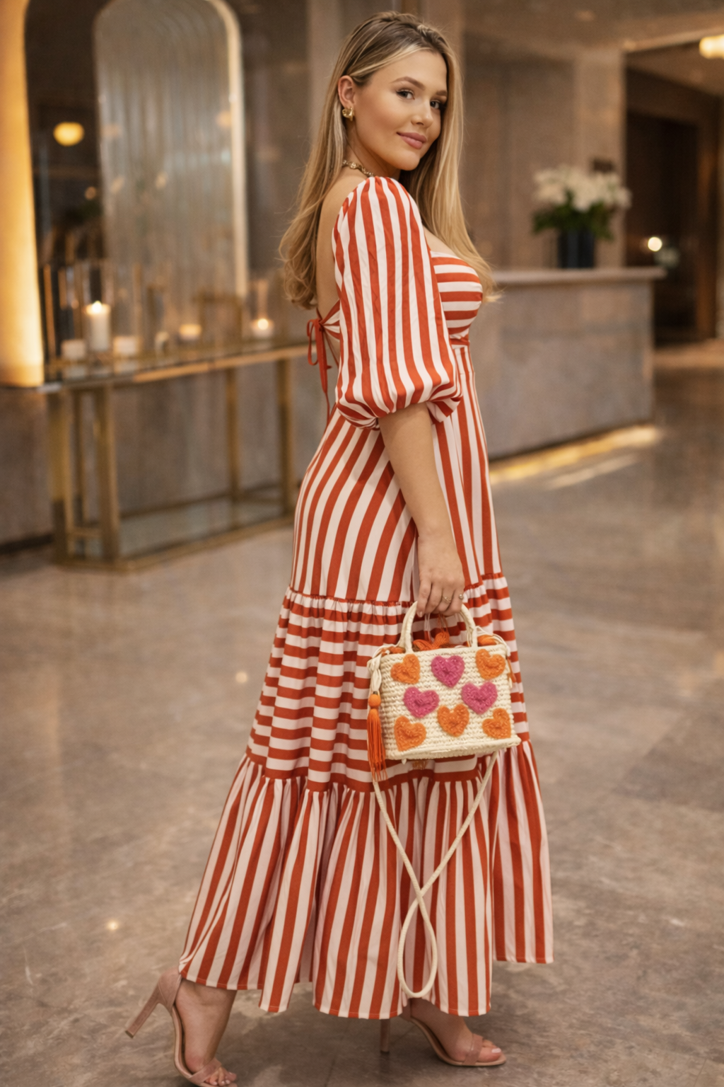 Red & White Stripe Sweetheart Neck Maxi Dress with Puff Sleeves