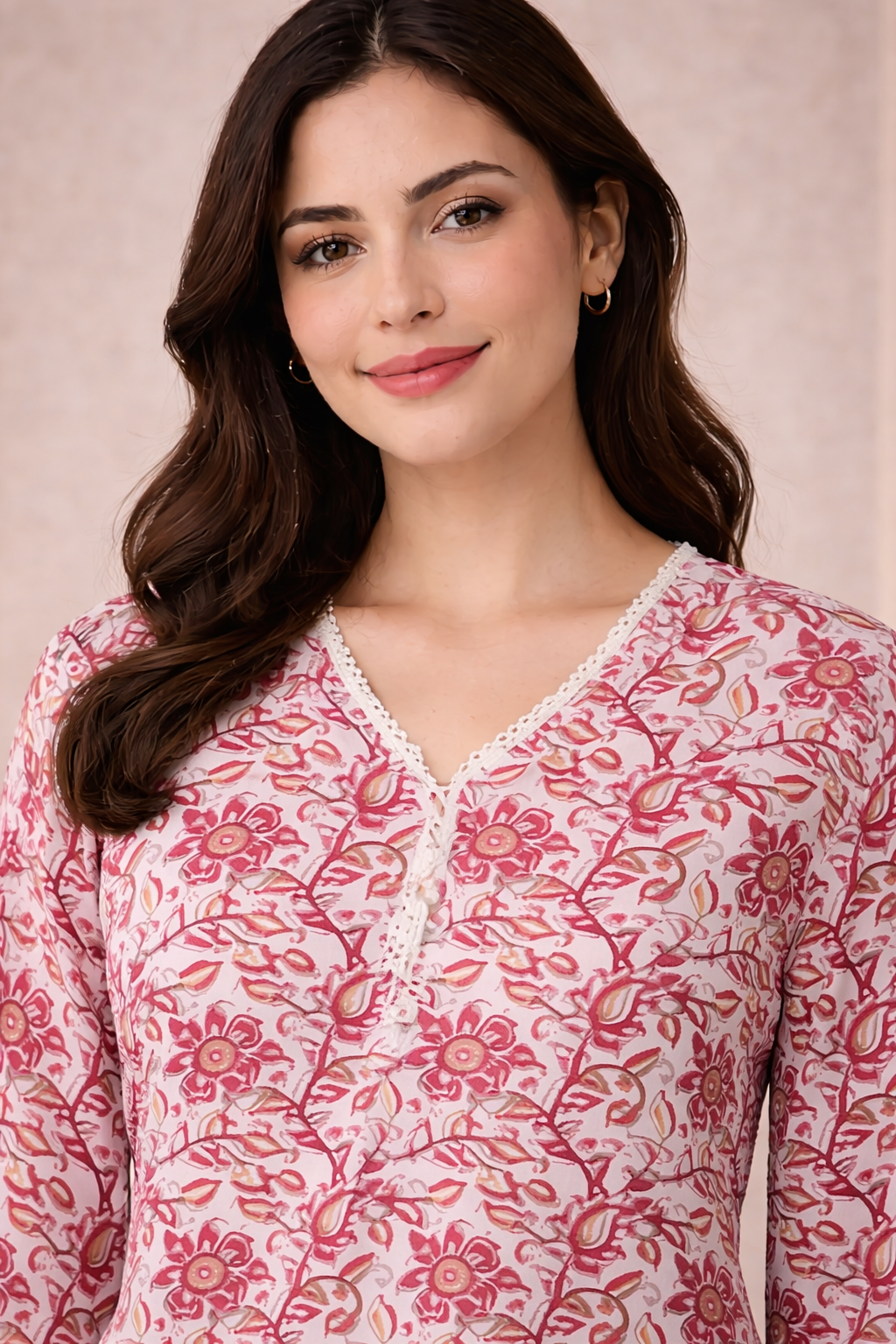 Blush Pink Floral Printed V-Neck Tunic Cotton Top