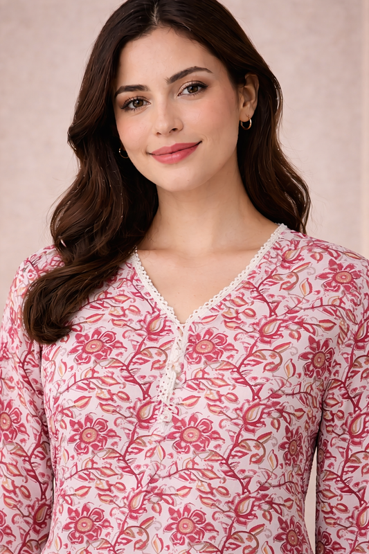 Blush Pink Floral Printed V-Neck Tunic Cotton Top