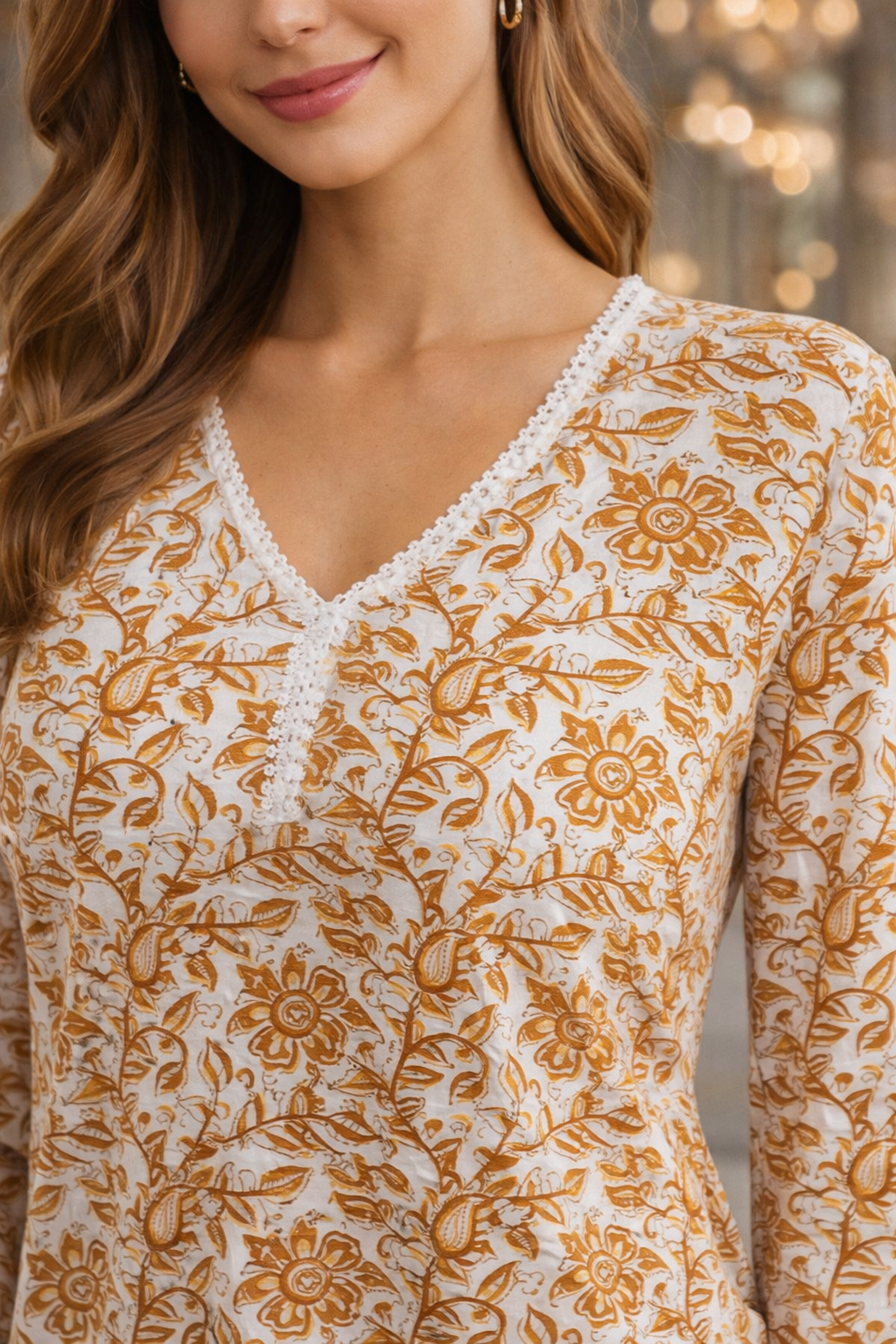 Women’s Printed Cotton Tunic Top – V-Neck, 3/4 Sleeve (White & Mustard Ochre)