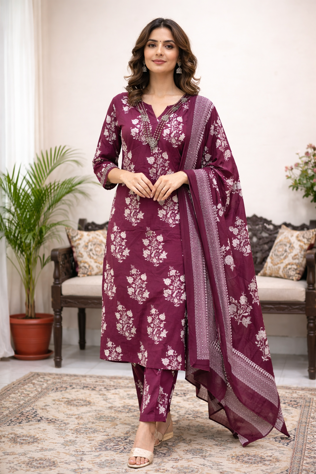 Dark Pink Wine Floral Printed Kurta Set with Dupatta