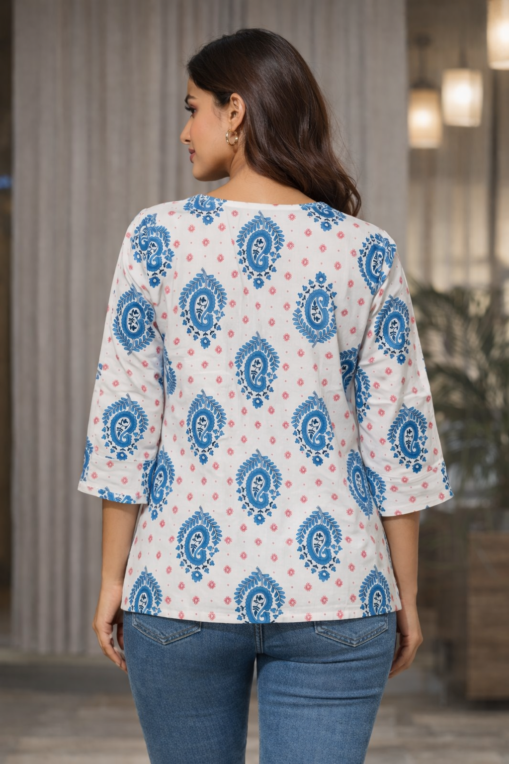 Women’s Printed Cotton Tunic Top – V-Neck, 3/4 Sleeve (White, Blue & Pink)