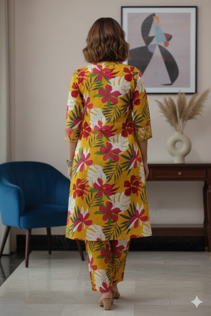 Radiant Yellow Cotton A-Line Co-ord Set with Side Floral Embroidery