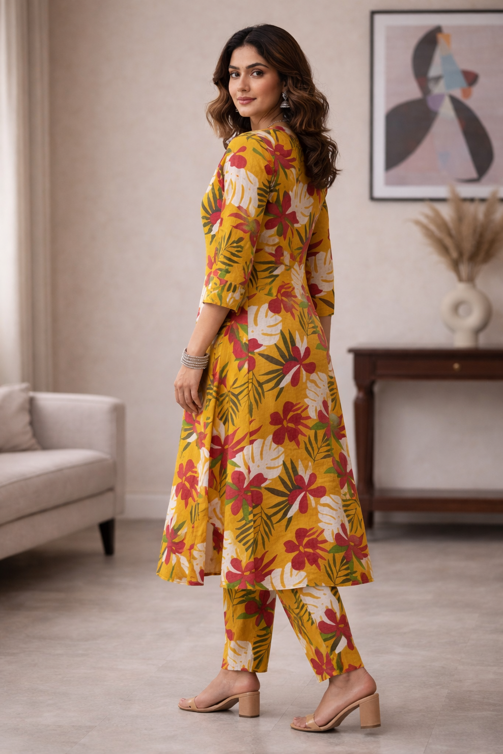 Radiant Yellow Cotton A-Line Co-ord Set with Side Floral Embroidery