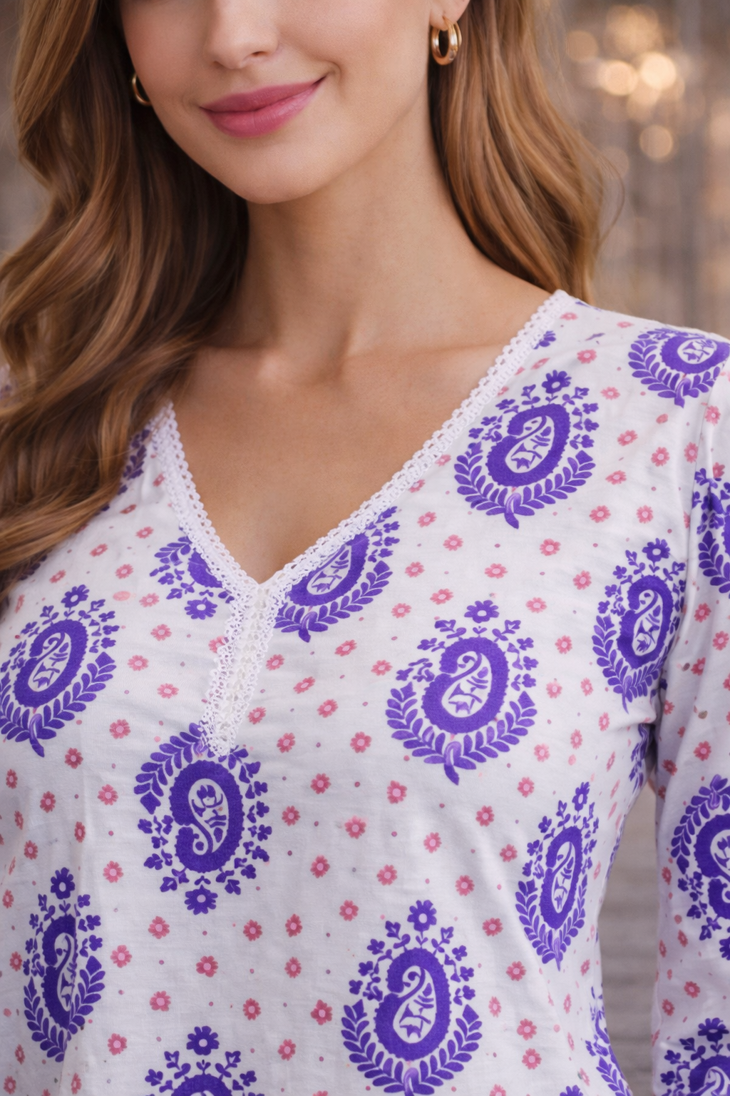 Women’s Printed Cotton Tunic Top – V-Neck, 3/4 Sleeve (White & Royal Purple)